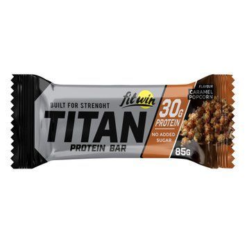 Протеїновий батончик TITAN Bar Caramel popcorn, БЕЗ ЦУКРУ 85г 35%, 9 штук 4820273231545 фото