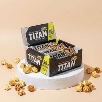 Протеїновий батончик TITAN Bar Caramel popcorn, БЕЗ ЦУКРУ 85г 35%, 9 штук 4820273231545 фото
